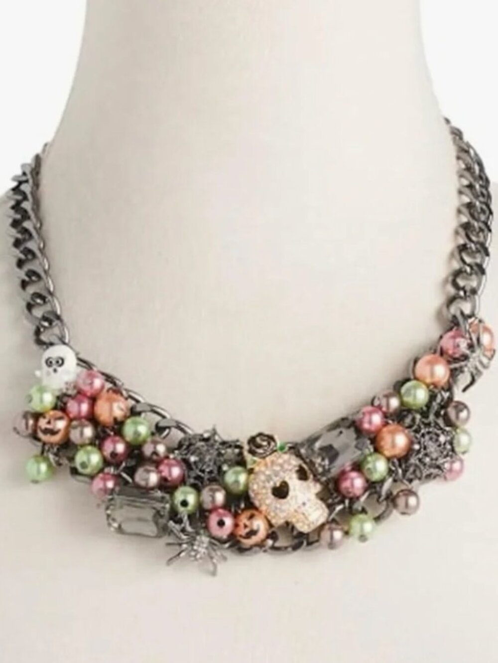 NWT BETSEY JOHNSON Sugar Skull Halloween Statement Bib Necklace Ghost Spider Cat